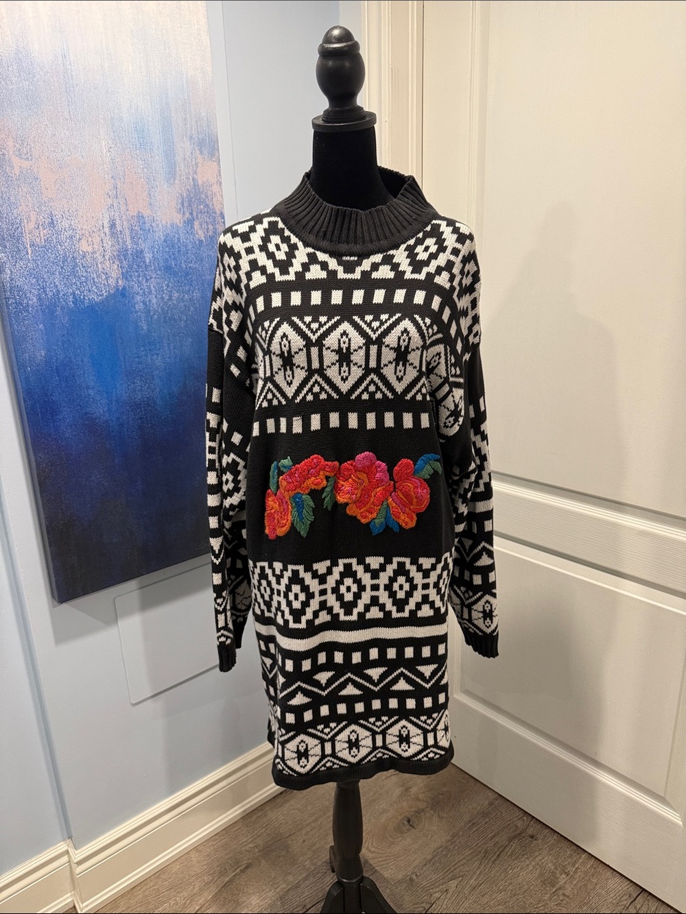 Vintage desigual Sweater Dress with Embroidered Floral Detail